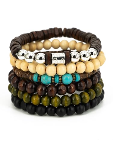 6-Piece Set of Unique Wooden Beaded Elastic Bracelets - Unisex, Rustic Bohemian Style, Multi-Color,Good Gifts for Mom,Dad, Boyfriend, Girlfriend, Best Friend,Roommate or Classmate.