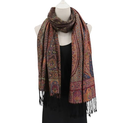 Ciormis Two Tone Silky Paisley Pashmina Shawl Scarf,Soft Women's Rave Jacquard Pashminas Wrap Scarves - color: Style5-black Plum Paisley