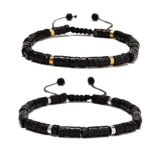 Mixed Gemstone Adjustable Braided Beaded Bracelet for Women, 2x4mm Heishi Disc Natural Healing Stone Summer Beach Jewelry, Yoga Gift for Her - color: Black Lava Rock Stone