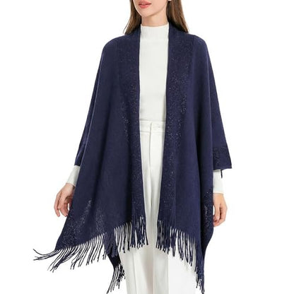ZLYC Women's Shawl Golden Trim Knit Blanket Wrap Fringe Poncho Coat Cardigan - color: Navy