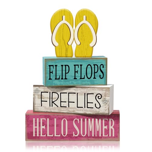 Yuntau 4 Pcs Summer Table Decorations Wooden Sign Flip Flops Table Centerpiece Summer Tiered Tray Decor Decorative Faux Book Stack Block for Coffee Fireplace Mantel Floating Shelf Hawaii - style: Flip Flops