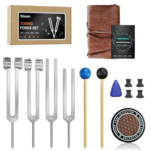 Tuning Fork Kit for Healing - 128Hz, 136.1Hz, 256Hz, 384Hz Weighted & Unweighted Tuning Forks for Chakra Sound Therapy, Meditation, Yoga, Stress Relief & Relaxation - Comes with Pouch, Ideal Gift