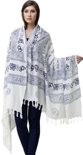 Exotic India Women's Polycotton Prayer Shawl with Printed Om Namah Shivai | Religious Pooja Mandir Wrap Stole, Scarves
