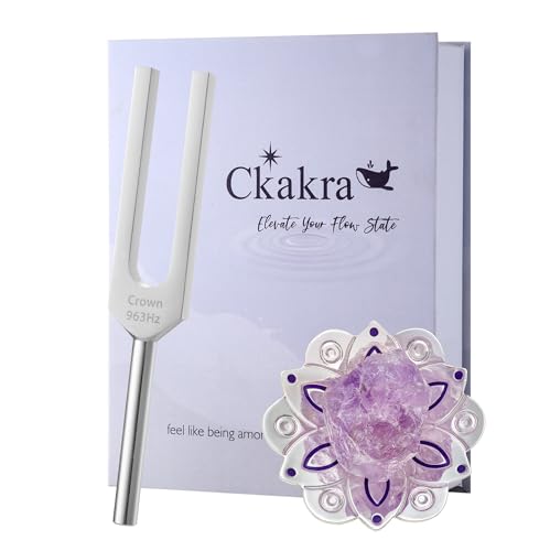 Ckakra Solfeggio Frequencies Tuning Fork with Crystal Kit,Solfeggio Energy Tuners,963hz Crown Chakra,Natural Amethyst,Meditation Gifts for Women,Shiny Silver - color: Crown Chakra