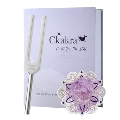 Ckakra Solfeggio Frequencies Tuning Fork with Crystal Kit,Solfeggio Energy Tuners,963hz Crown Chakra,Natural Amethyst,Meditation Gifts for Women,Shiny Silver - color: Crown Chakra
