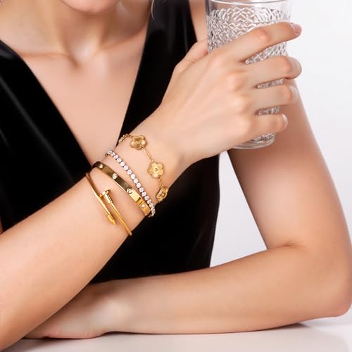 18K Gold Plated Bangle Bracelet Set for Women Stackable Lucky Floral Adjustable Tennis Bracelet Non Tarnish Gift Jewelry for Christmas Valentines Birthday Mother's Day - color: Gold