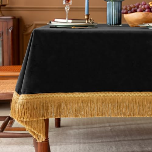 F-CHU Luxury Black Tablecloth Thickset Velvet Tablecloth with Beautiful Gold Tassels Table Cloth for Home Decor Wedding, Party, Banquet and Events 60x70-Inch - color: Black, size: 70" x 60" (Rectangular)