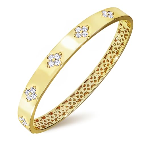 Moissanite Bangle Bracelet for Women, 14K Gold Plated Four Leaf Clover with D Color VVS1 3EX Cut Round Moissanite, Non-Tarnish High-Polish Love & Luck Jewelry Gift for Her - size: 6 in