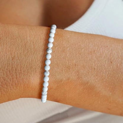 Crystal Beaded Bracelets for Women 4mm Clear Quartz Bead Handmade Gemstone Stretch Elastic Bracelet Natural Stone Crystal Healing Reiki Spiritual Jewelry Gifts - color: Howlite, size: 4mm