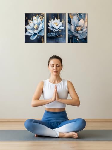Lotus Wall Art Navy Blue and Gold Zen Lotus Flower Canvas Prints Set of 3 Framed Meditation Floral Artwork for Bathroom Living Room Yoga Spa Home Decor Ready to Hang(11"x14"x3)