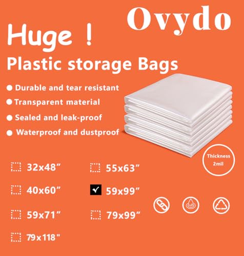 Extra Large Clear Plastic Storage Bags 59x99 Inches Huge Plastic Bags for Furniture, Appliances, Big Luggage, Industry Equipment, Business and Agriculture Use (5 pcs) - size: 59 x 99"