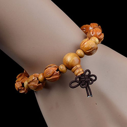 JAJAFOOK Unisex's Peach Wood Lotus Carving Beads Bodhi Tibetan Buddhist Prayer Wrist Mala Bracelet