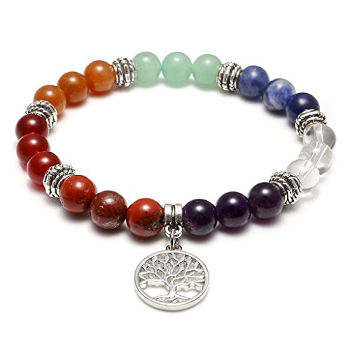 Jovivi 7 Chakra Gemstone Tree Life Healing Crystal Bracelets Natural Stone Round Beads Bracelet for Yoga Energy Balancing Meditation