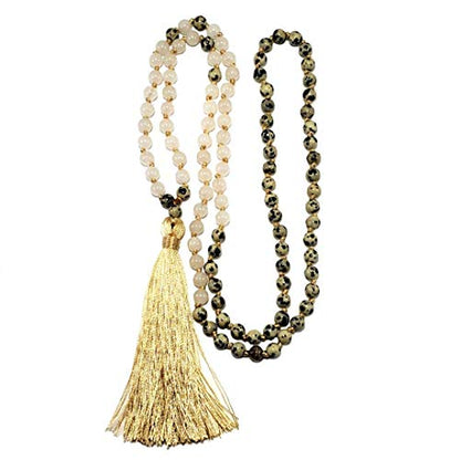 108 Bead Japa Mala Necklace – Dalmatian Jasper & Snow Quartz – Handmade Yoga Meditation Jewelry – Old Gold Silk Tassel – USA Artisan Crafted