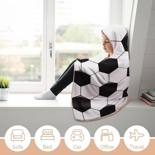 Soccer Ball White and Black Large Size Comfortable Hooded Blanket, Warm Blanket 50"x60" - color: Soccer Ball White and Black, size: 50"x60"