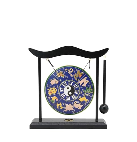 Owlgift Chinese Feng Shui Gong with Zodiac, Bagua & Tai Chi - Laser Engraved Copper Gong on Wooden Stand - 7.9” Spiritual Decor for Good Fortune & Protection for Home, Meditation & Energy Clearing - color: Blue Tai Chi