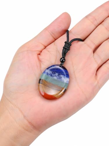 Jovivi Natural 7 Chakras Healing Crystals Necklace Oval Gemstone Palm Worry Stone Chakra Pendant Necklace for Anxiety Stress Relief Balancing Meditation - color: Oval-Shaped