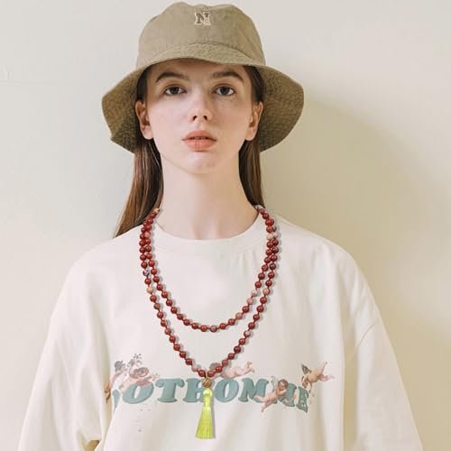 8MM Beads Chakra Long Mala Necklace Natural Stone Meditation Statement Necklace Japa Yoga Buddhist Rosary Prayer Charm Beaded Tassel Necklace - color: Redstone
