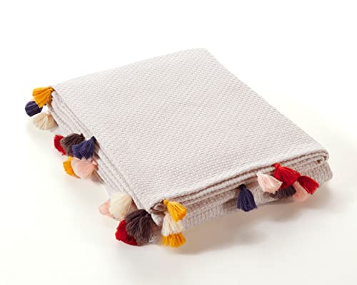 100% Cotton Blanket - Soft, Smooth, Durable Throw for Sofa, Couch, Bed - Pique Weave Style with Pom Pom Decor - Cotton Blankets Queen Size - Ideal for Twin Bed Too (Beige) - color: Beige