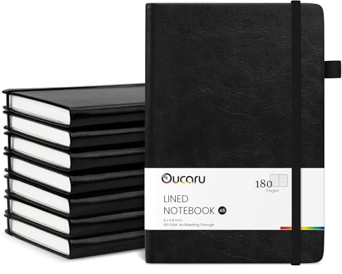 Oucaru Lined Journal Notebook, 8 Pack, 180 Pages, A5 Journals for Writing, 100 GSM Thick Paper, Small Notebooks Daily Journal for Women Men Work, Business, School, Travel Supplies - color: Black
