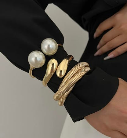 Chunky Gold Bangle Bracelets for Women, Dainty 14k Gold Plated Big Stackable Bangles Set, Trendy Statement Cuff Bracelet Stack Fashion Jewelry Gifts - style: Big pearl bangles