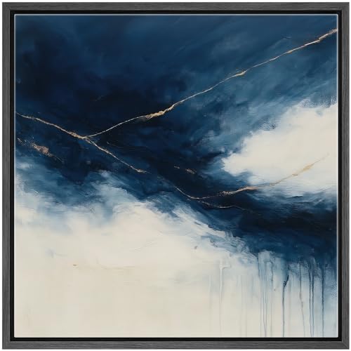 SIGNWIN Framed Canvas Print Wall Art Abstract Navy and White Cloudscape Deep Blue Sky with Gold Veining Illustration Modern Art Decorative Calm/Zen for Living Room, Bedroom, Office - 16"x16" Black - color: B22-2508-edw10, size: 16"L x 16"W