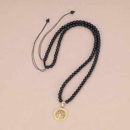 COAI Tree of Life Necklace 108 Mala Beads, Women's Men's Beaded Necklace, Japa Mala for Yoga Meditation 6mm - style: Obsidian