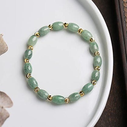 jade bracelet for women ，beaded bracelets ，6 * 9mm natural jade beads,brass plated 18k gold spacer beads,DIY Stretch Bracelet with 6.5-8 inch hand circumference,gifts for girlfriend. (Emerald green)