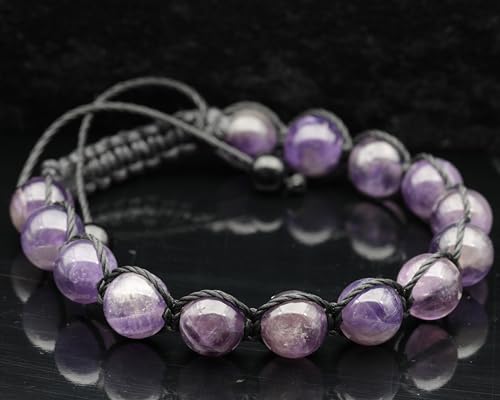 ElisaJewelryArt - Natural Black Onyx Beaded Bracelet Genuine Gemstone Strenght Crystal Macrame Bracelet Unisex Bracelet - color: Amethyst, size: MEN