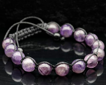 ElisaJewelryArt - Natural Black Onyx Beaded Bracelet Genuine Gemstone Strenght Crystal Macrame Bracelet Unisex Bracelet - color: Amethyst, size: MEN
