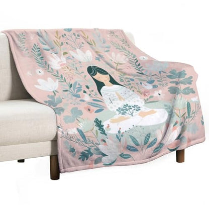 Cartoon Meditation Woman Throw Blanket, Soft Cozy Warm Flannel Cute Lotus Flower Botanical Blanket for Couch Sofa Bed, 50"x60" - color: Cartoon Meditation Woman, size: 50"x60"