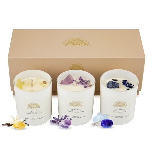 AvaConcept Healing Crystal Candle Gift Set – Set of 3 Citrine, Amethyst & Lazurite Hand-Poured Soy Wax French Vanilla, Lavender & Sea Salt Orchid Aromatherapy Scents 3.5oz Each | Premium Gift Box - size: 3.5oz, style: French Vanilla, Lavender & Sea Salt O