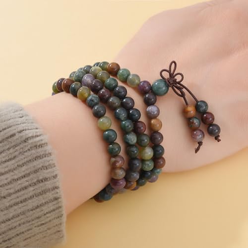 108 Mala Prayer Beads Bracelet 6mm Genuine Gemstone Healing Crystal Stone Beaded Bracelet Buddhist Tibetan Handmade Knotted Elastic Necklace for Yoga Meditation Unisex Women Men - color: Indian Agate