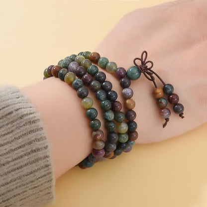 108 Mala Prayer Beads Bracelet 6mm Genuine Gemstone Healing Crystal Stone Beaded Bracelet Buddhist Tibetan Handmade Knotted Elastic Necklace for Yoga Meditation Unisex Women Men - color: Indian Agate