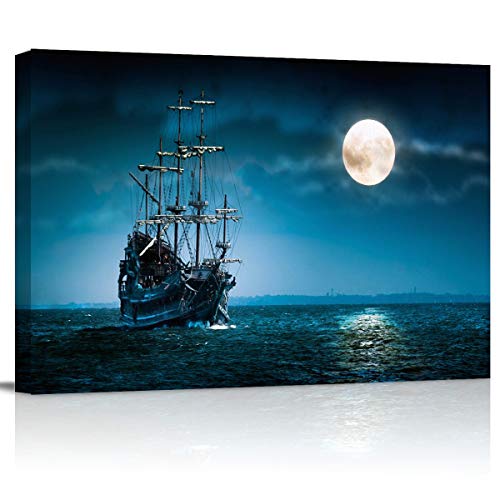 Canvas Wall Art - Night Ship Sea Navigation Moon Pictures - Modern Wall Decor Gallery Canvas Wraps Giclee Print Stretched and Framed Ready to Hang - 24" x 36" - color: Artwork-29, size: 36"L x 24"W