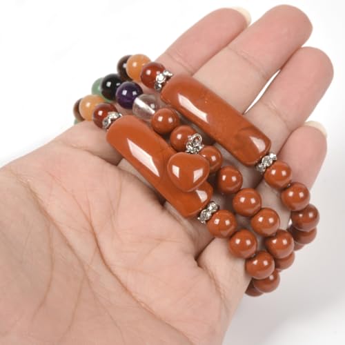 Justinstones Gem Semi Precious Gemstone Love Heart Charm Stretch Beaded Bracelet Unisex - color: Red Jasper(7 Chakra)