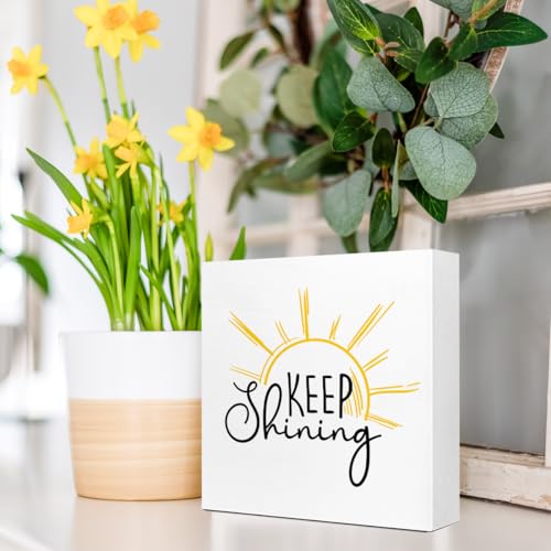 Wooden Box Sign "Keep Shining" 5x5x1 INCH, Inspirational Quote Decor, Uplifting Message Plaque, Rustic Encouragement Sign for Office Desk, Teacher Gift Idea Motivational Display - style: Keep Shining