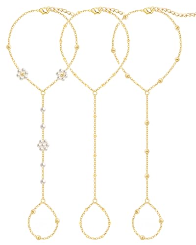 3PCS 14K Gold-Plated Hand Chain Bracelets for Women, Stack Bracelets Set Adjustable, Trendy Dainty Ring Bracelet Hand Chain - color: gold-3-cz2