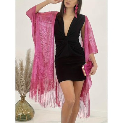 Sparkle Metallic Evening Shawls for Women formal Party Dresses Beach Travel Cardigan Shawl Wrap for Swimsuit - color: N-rose Red