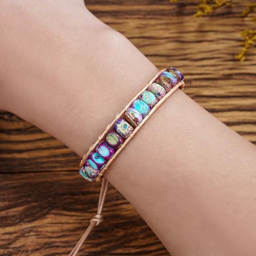 Women Boho Handmade Natural Stone Crystal Leather Bead Wrap Bracelets Collection - style: Purple Blue Jasper 1W