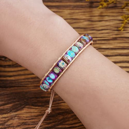 Women Boho Handmade Natural Stone Crystal Leather Bead Wrap Bracelets Collection - style: Purple Blue Jasper 1W
