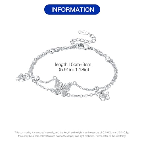 925 Sterling Silver Bracelet for Women,Silver Bracelet Chain Presents for Sister Daughter and Friend, Women's Jewelry for the Daily Occasion - color: Silvery | Butterfly Double Layer Chain