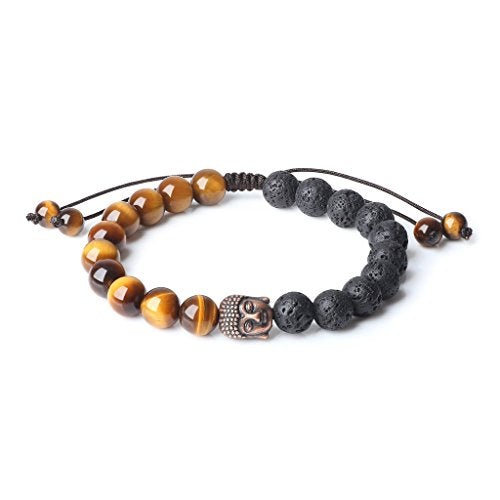 COAI Mens Womens Stone Buddha Head Prayer Bracelet - style: Brown Tiger Eye & Lava