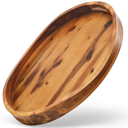 TIDITA Acacia Wood Ottoman Tray with Handles - 20" x 15" Round - Large Oval Serving Trays for Living Room -Wooden Trays for Decorative for Kitchen Counter, Coffee Table, Breakfast in Bed (Acacia) - color: Acacia, size: 20" x 15" x 2.2"