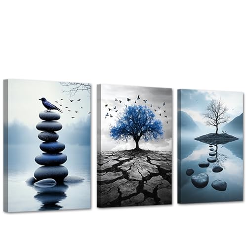 CCWACPP Zen Wall Art 3 PCS Bathroom Wall Decor Zen Stone Pictures Abstract Tree Painting Meditation Canvas Prints Yoga Room Office Decor Framed (11x14inchx3Pcs) - color: Blue, size: 11x14inchx3Pcs