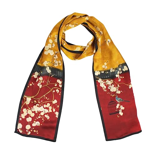 100% Silk Scarf for Women 59”*6.3” Long Shawls for Headscarf and Neck- Oblong Hair Wraps with Gift Packed - color: Yellow&red