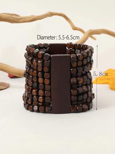 Stretch Wooden Beads Cuff Bracelets Multi Layered Natural Wood Beads Chunky Bangle Wooden Handmade Wide Bracelets Bohemia Jewelry for Women Men - color: A