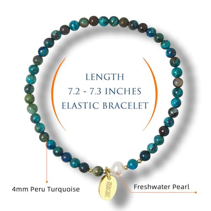 Morchic 4mm Natural Gemstone Beads Stretch Bracelet for Women, With Freshwater Pearls, Energy Gem Birthday Gift for Her 7.2” - color: Peru Turquoise