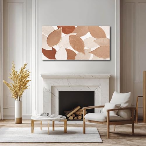 Ocevarin Fall Wall Art Leaves Painting Beige Canvas Modern Neutral Wall Decor Earth Tone Textured Artwork for Living Room Dining Room Kitchen 24"x 48"