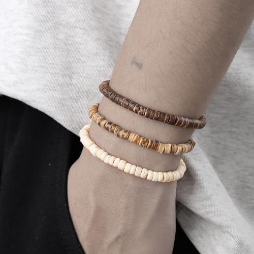 Puka Shell Bracelet for Men Wooden Bracelets Turquoise Stack Beaded Minimalist Trendy Jewelry for Friend Gift - style: 3pcs-Brown